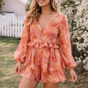 Peach Love California Chiffon Romper Ruffle Tiered Pink Orange Size Small Boho
